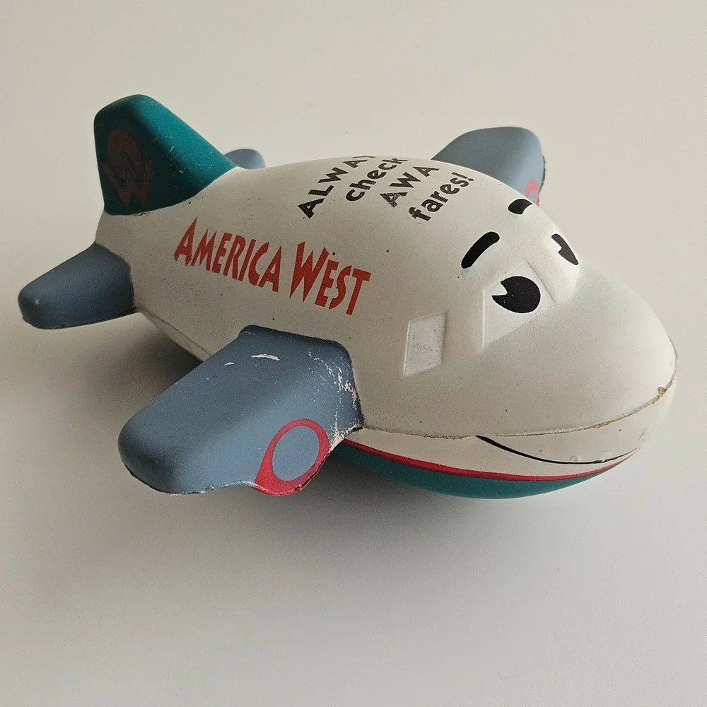 Vintage‎ America West Airlines Airplane Foam Stress Promo Toy White AWA Fares
